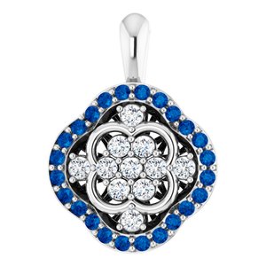 14K White Natural Blue Sapphire & 1/3 CTW Natural Diamond Cluster Pendant